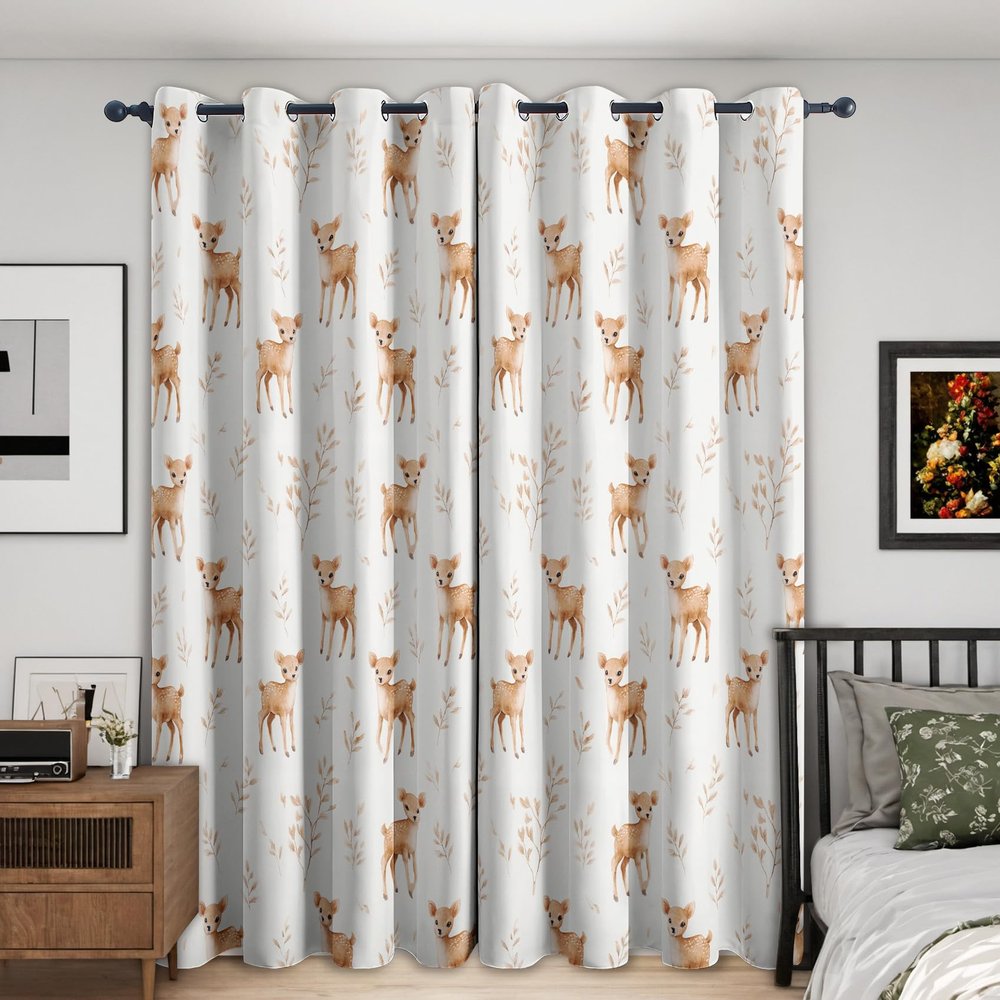 Generic Deer Kids' Curtains, Blackout Thermal Curtains with Cartoon Animal Print, 2-Piece Set, H 300 x W 140 cm, Silver Grommets, RD146
