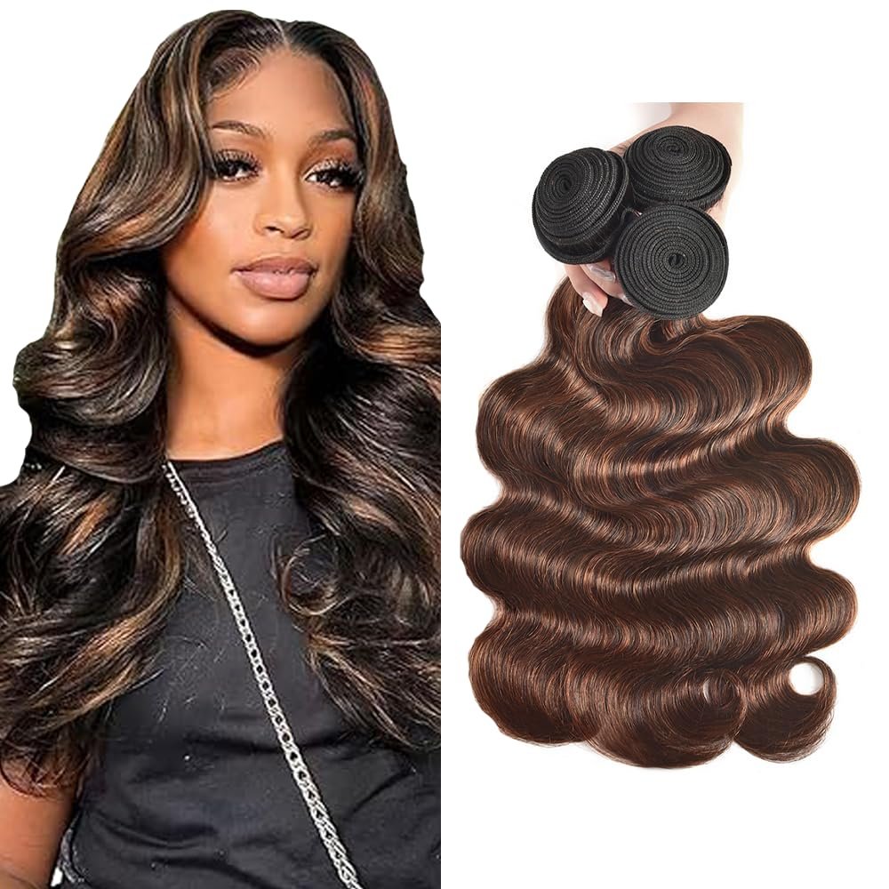 Evaxilc 22/24/26-Inch Brazilian Remy Human Hair Bundles, Body Wave, Highlight Light Brown, 3 Bundles, 300 g