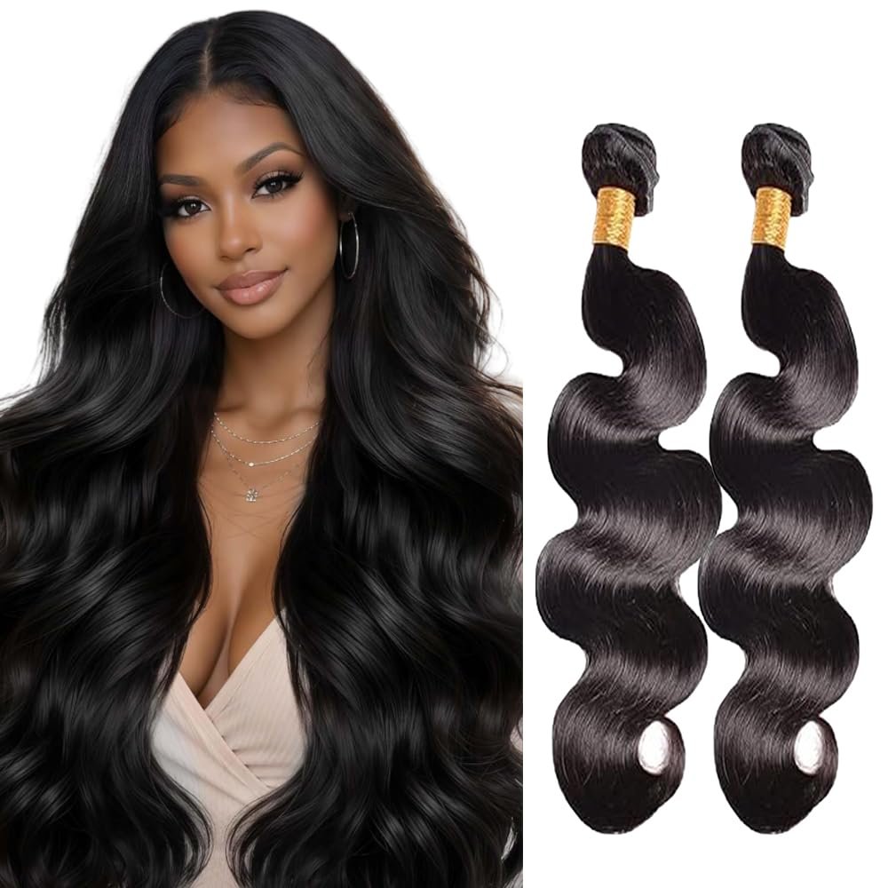 Lakaisa Body Wave Unprocessed Human Hair Bundles, #1B Natural Black, 2 Bundles, 20 Inches Each