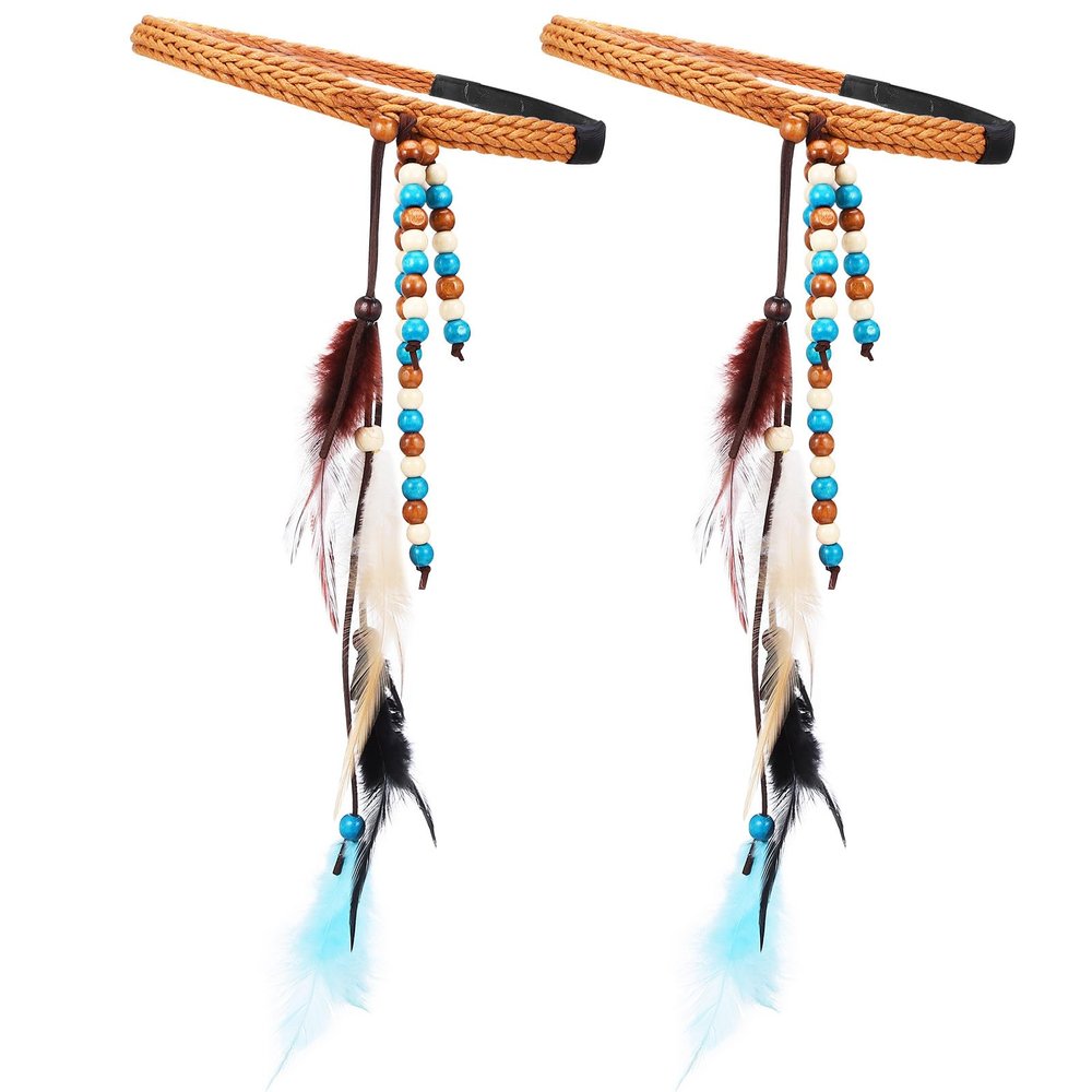 POPETPOP 2-Pack Braided Feather Headbands for Women, Elastic Boho Headbands with Tassels, Fashion Hair Accessories for Parties and Everyday Wear, Random Color