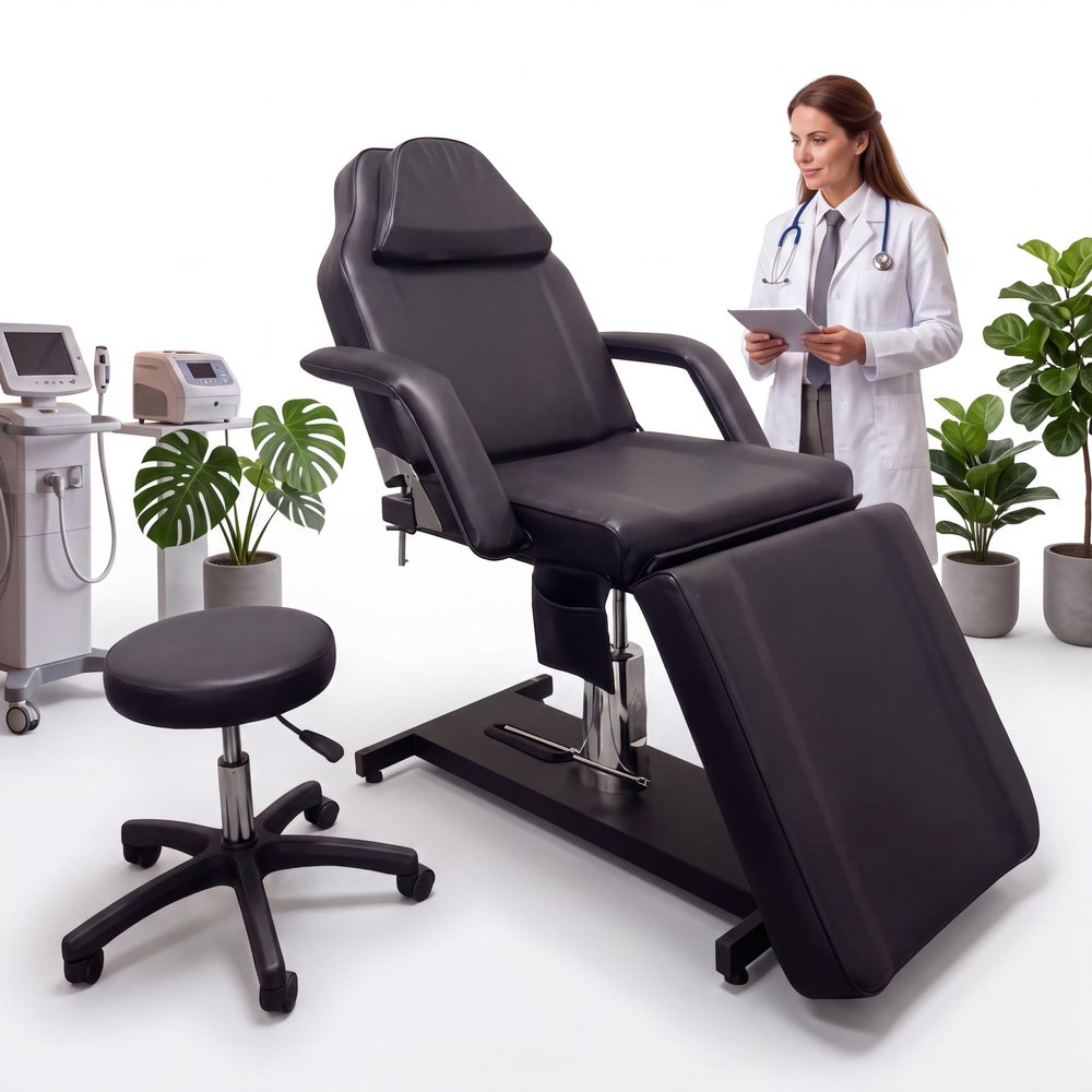 LSBIKE 360° Rotating Hydraulic Beauty Bed with Stool, Adjustable Massage Table with Removable Armrests and Headrest, Tattoo Bed Set for Spa, Tattoo and Facial Care (Black)