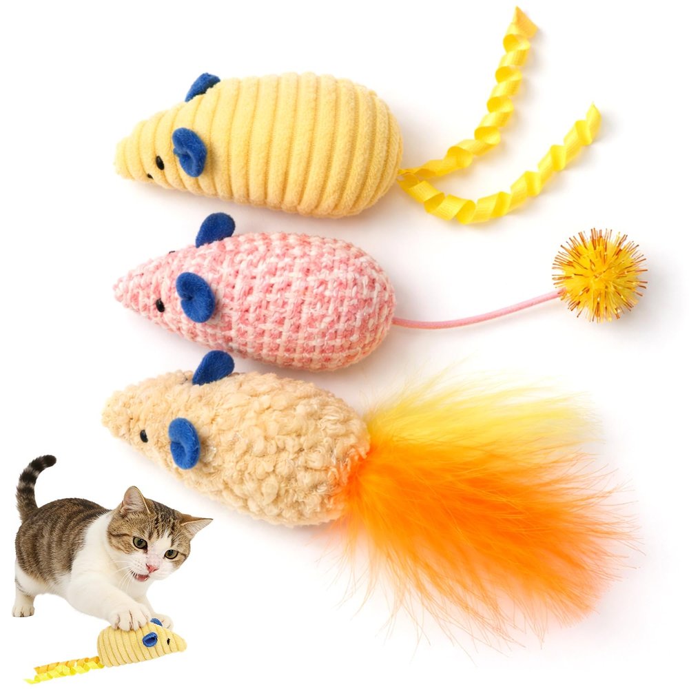 MOTIBACK Cat Toy Mice, 3-Pack with Catnip and Feathers