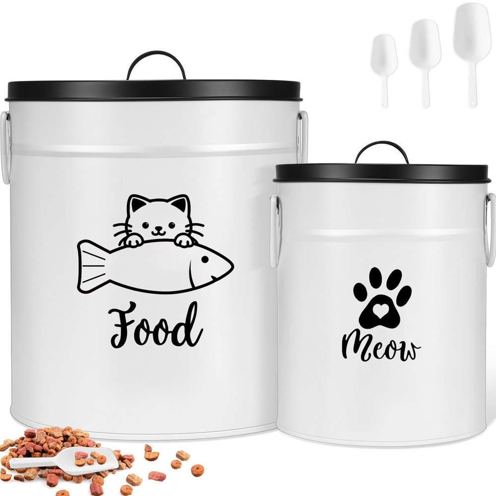 Vesici Metal Cat Food Storage Containers with Lids and Scoops, Airtight Farmhouse Style, 2-Piece Set