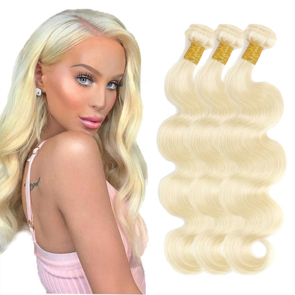 Creuost Body Wave Brazilian Virgin Human Hair Bundles, #613 Light Blonde, 3 Bundles, 300 g, 24/26/28 in