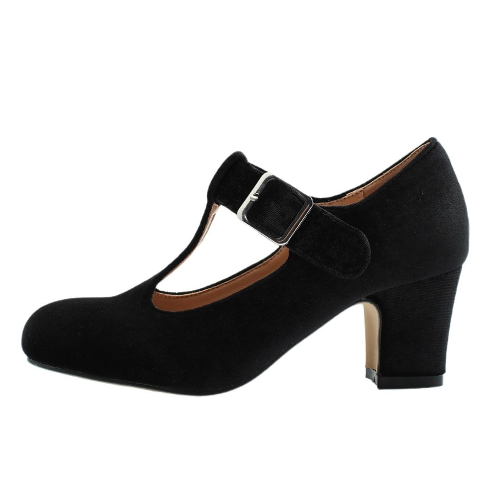 Elegant Mary Jane Heels for Retro Ankle Shoes with T-Strap, Chunky Heel and Round Toe (Black, 40)