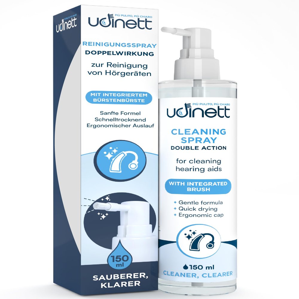 Udinett Hearing Aid Cleaning Spray, 150 mL, with Brush