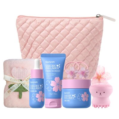 QUIYUM Sakura Collagen Facial Care Set, 7-Piece, with Cosmetic Bag