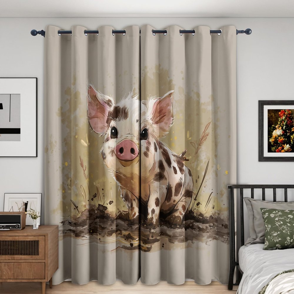 S Pig Pattern Blackout Curtains, 2-Piece Set, H 166 x W 75 cm