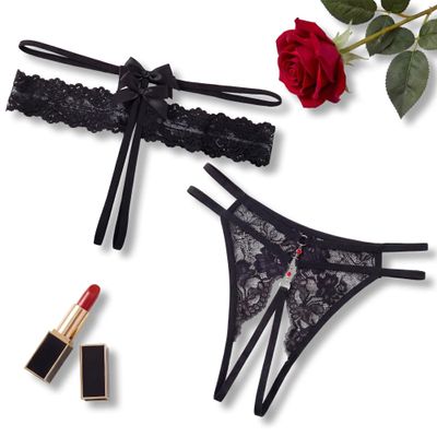 Eagerlove Women's Sexy Lace G-String Thong Panties, Black, A/B, 2-Pack, L