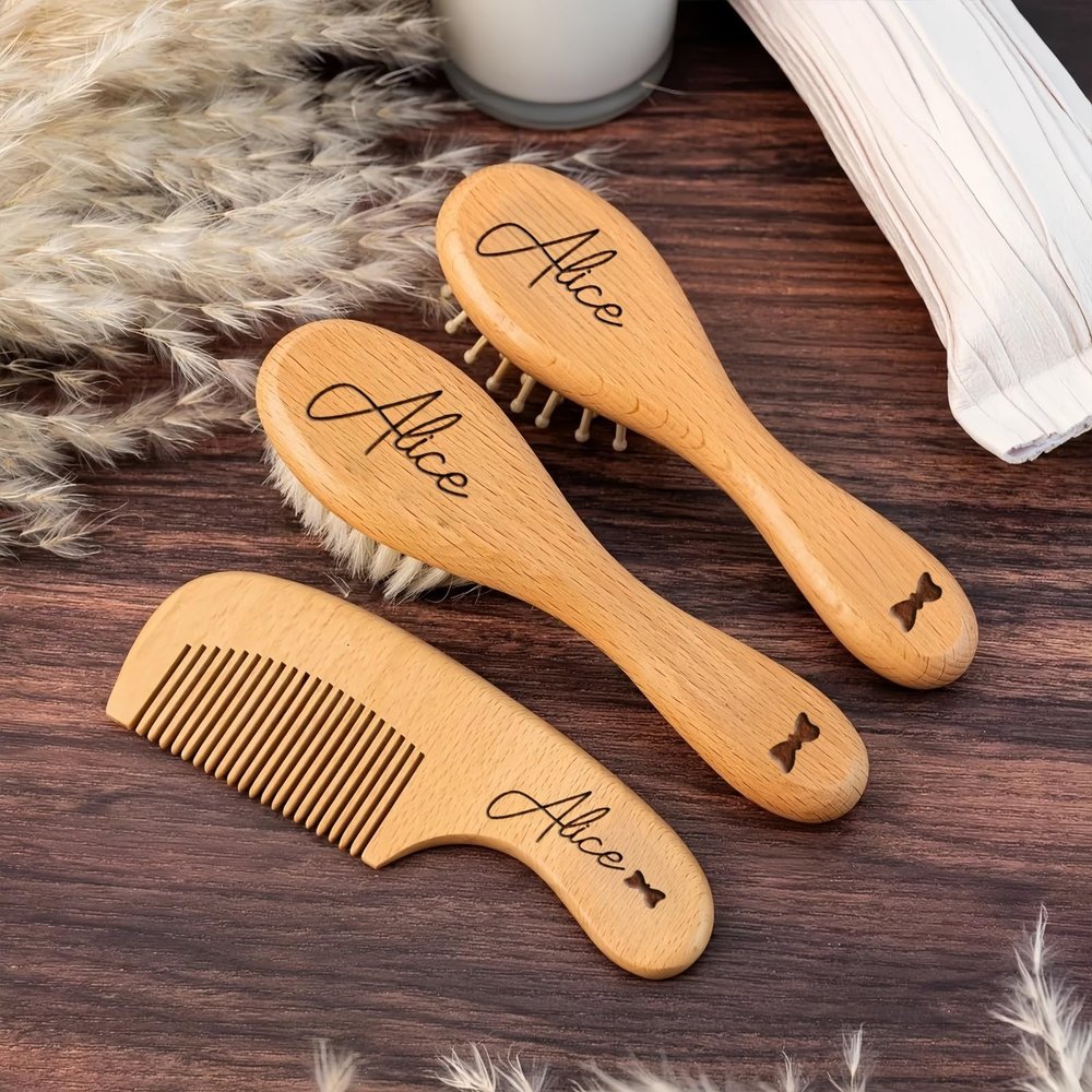 3-Piece Personalized Engraved Wooden Baby Hair Brush Set