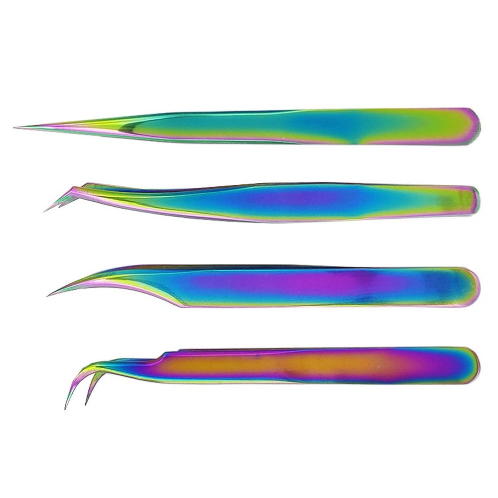 Yechiry Colorful Stainless Steel Eyelash Extension Applicator, Professional Beauty Tweezers for False Lashes, 4-Piece Set