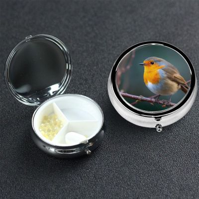 Small Metal Pill Organizer with 3 Compartments, Robin on a Branch