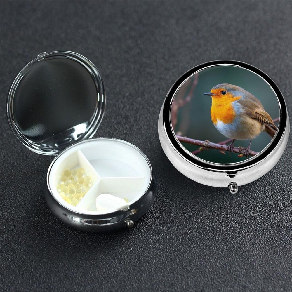 Small Metal Pill Organizer with 3 Compartments, Robin on a Branch