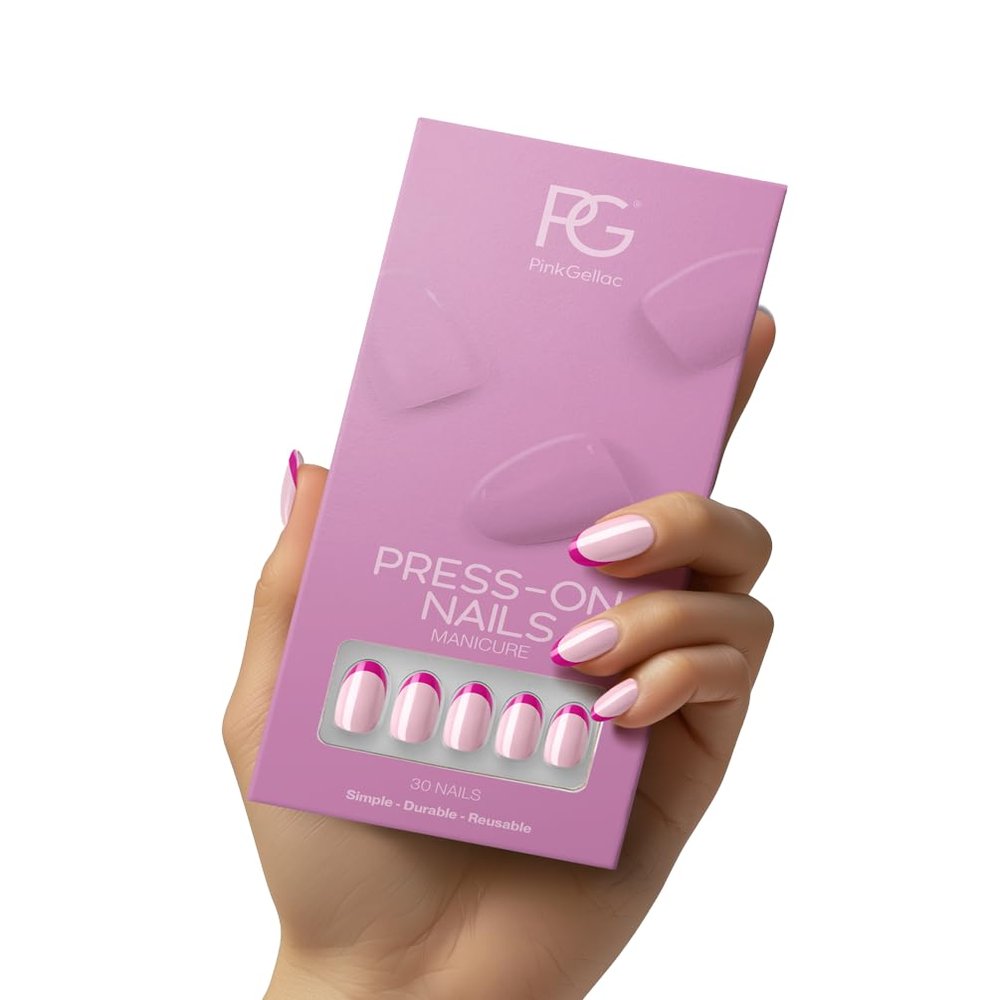Pink Gellac Press-On Nails 2006 Sapphire French, Round Medium, 30 ct