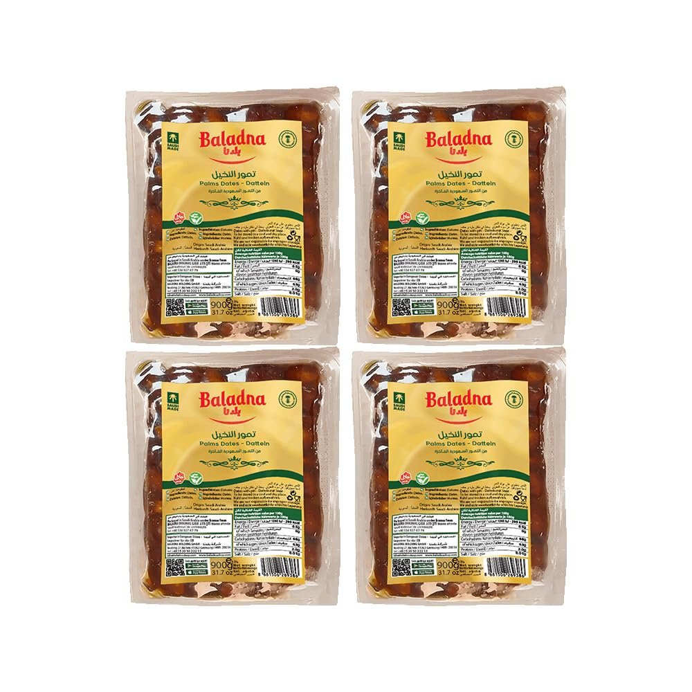 Baladna Palms Vacuum-Packed Dates, 4 x 450 g | Premium Dates with Natural Sweetness | Ideal for Pre-Workout Snacks, Smoothies, Baking & Desserts | Vegan & Halal