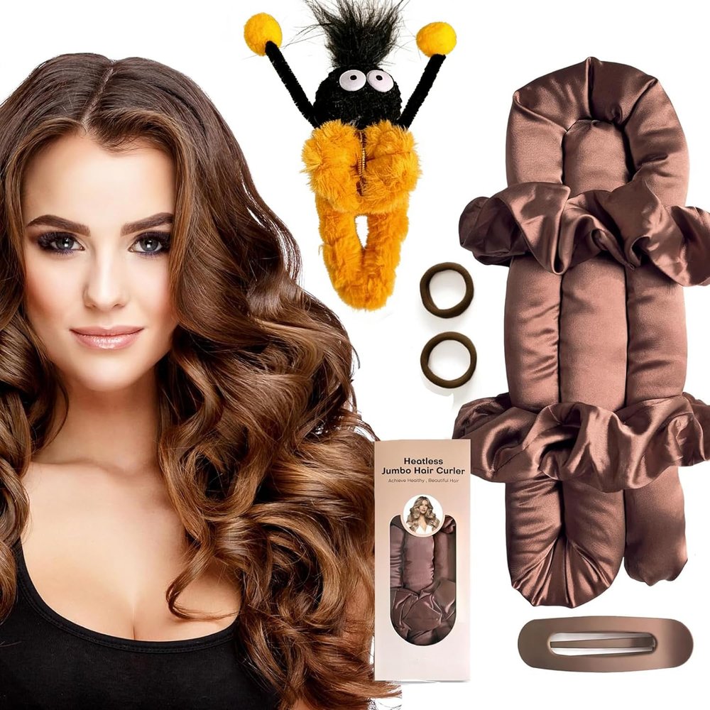 Satin Heatless Curlers Set, Overnight Curls, 7-Piece Jumbo Curling Rod with Cute Hair Clip (Brown)