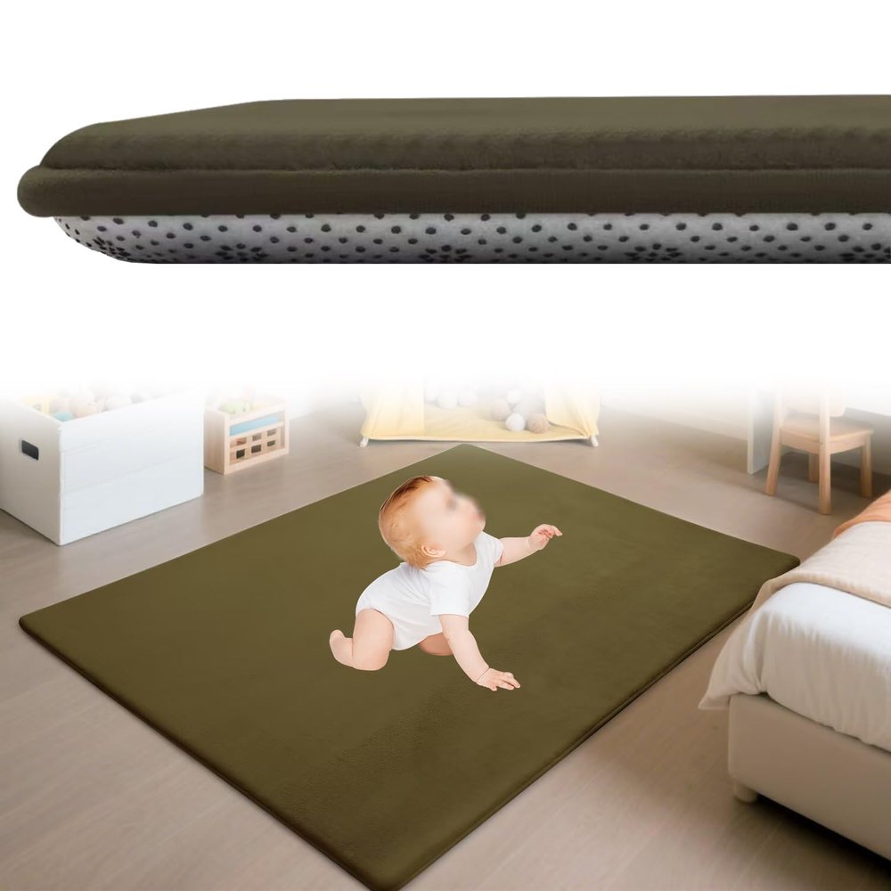 Zteiuqx Kids' Rug, 2 cm Thick Coral Velvet Crawling and Play Mat, Non-Slip, Army Green, 200 x 320 cm