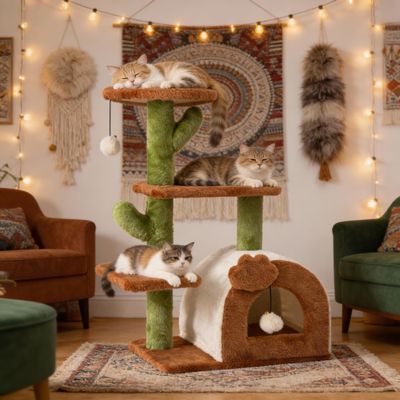 Cactus Cat Tree for Indoor Cats with Cozy Cave, Wide Perch, 69.8 cm, Multi-Level Tower, Brown
