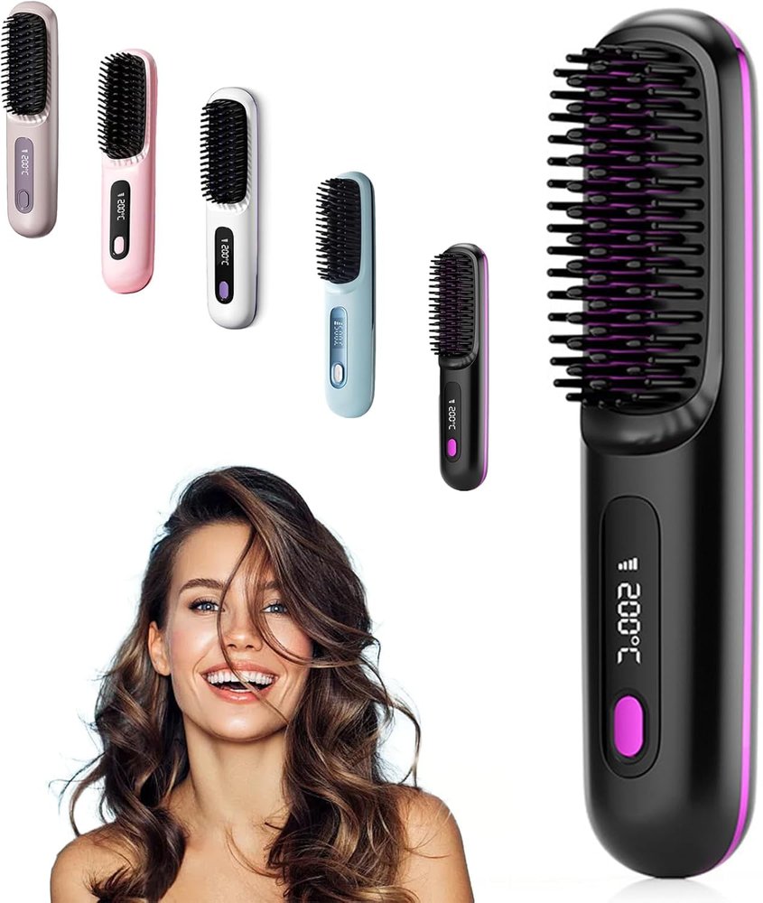 Go Brush Pro Cordless Hair Straightening Brush, Portable Rechargeable Heated Mini Comb, Black