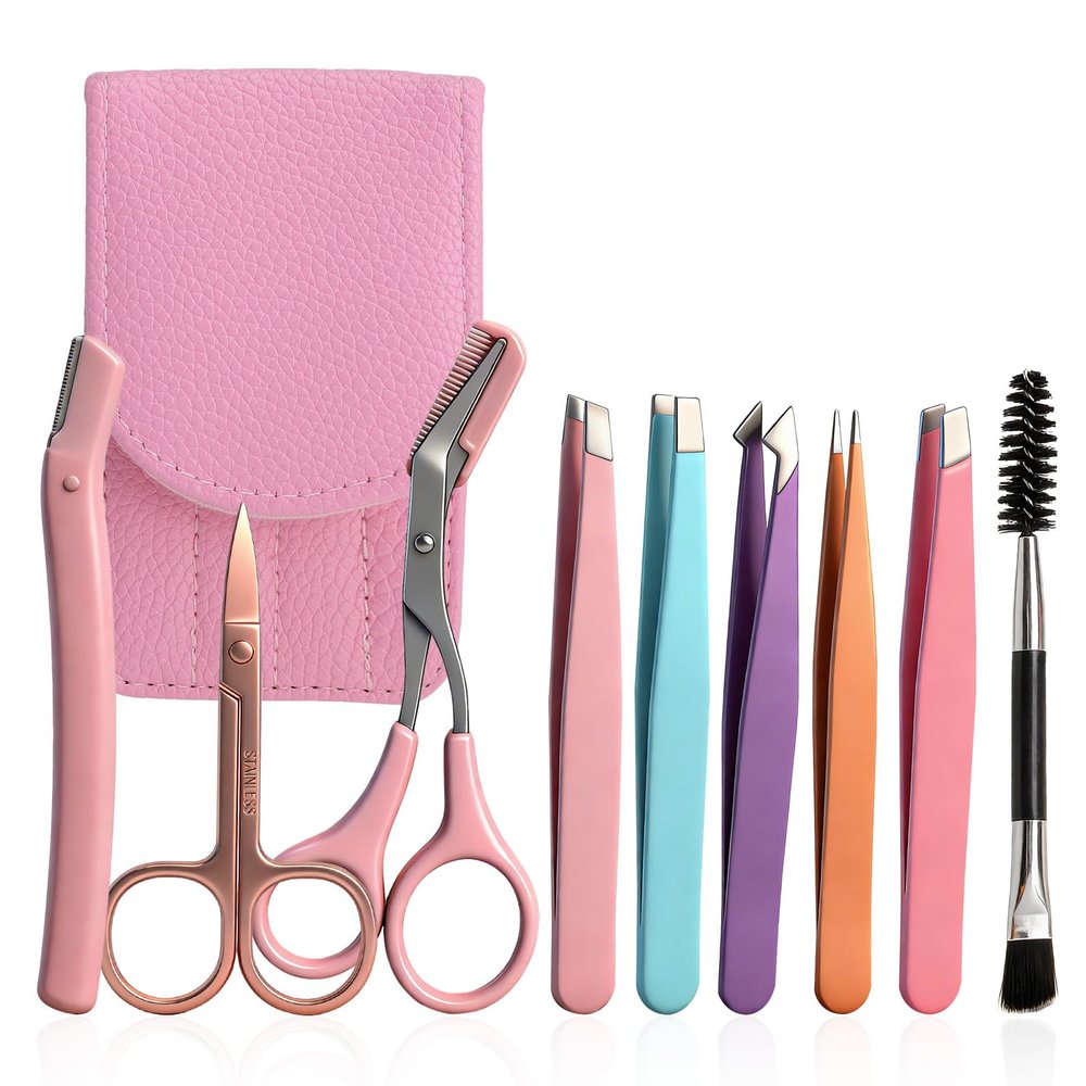 LOLANIUT 9-Piece Stainless Steel Tweezer and Beauty Tool Set, Pink