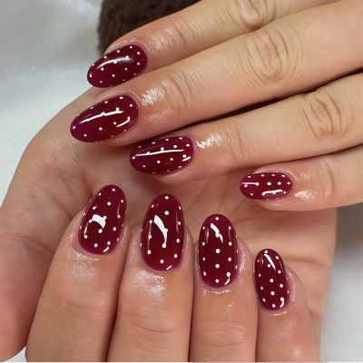 Zimocepuz Medium Almond Press-On Nails, White Dots & Burgundy Design, Reusable