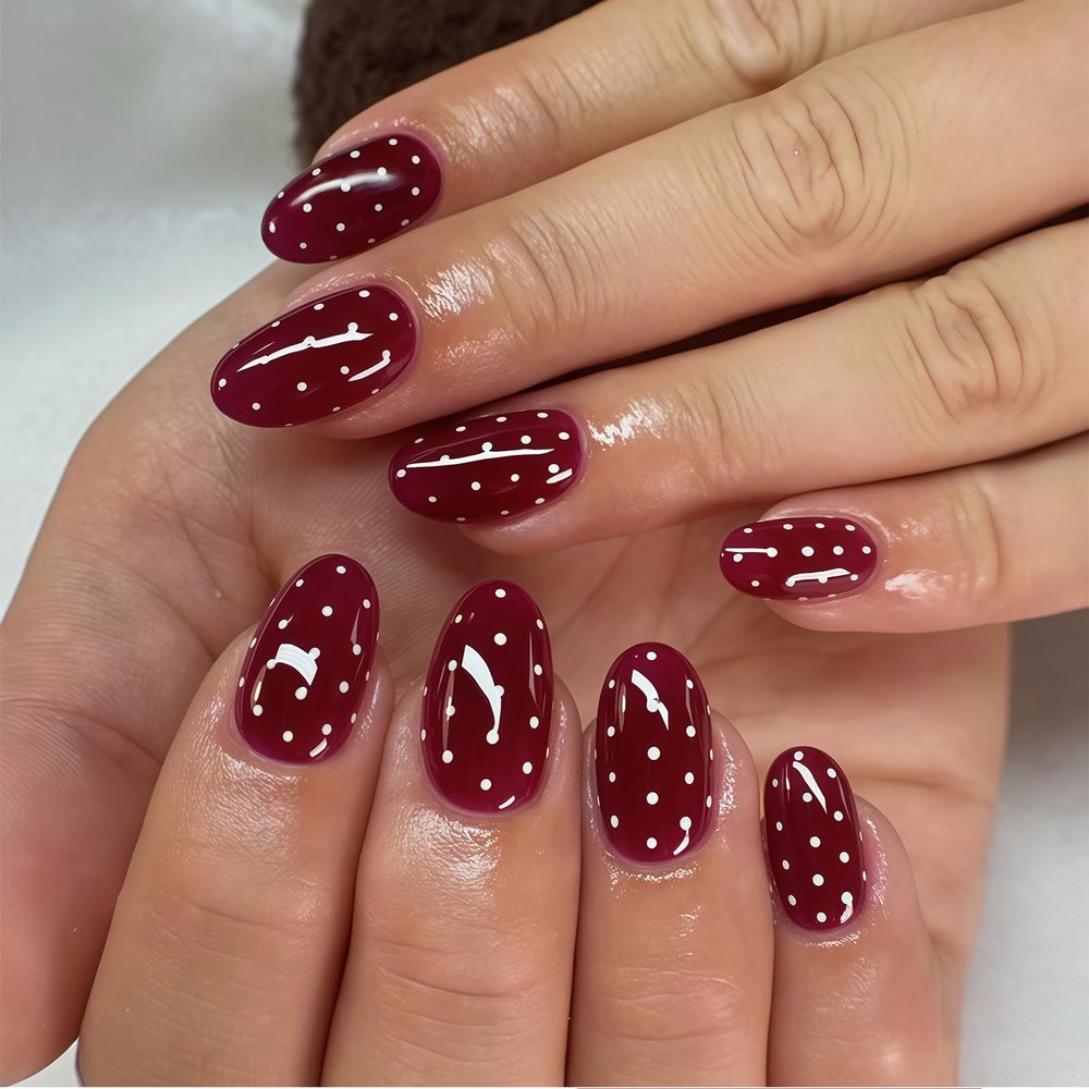 Zimocepuz Medium Almond Press-On Nails, White Dots & Burgundy Design, Reusable