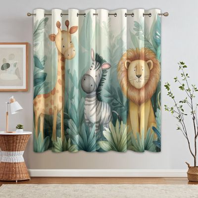Generic Kids' Safari Blackout Curtains, 2-Piece Set, Jungle Animal Cartoon Motif, Living Room and Bedroom Decor, Thermal Blackout Curtains, H 260 x W 140 cm - O151