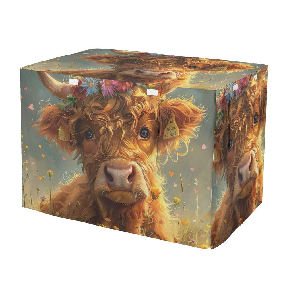 Cute Highland Cow Flower Dog Crate Cover with Roll-Up Sides