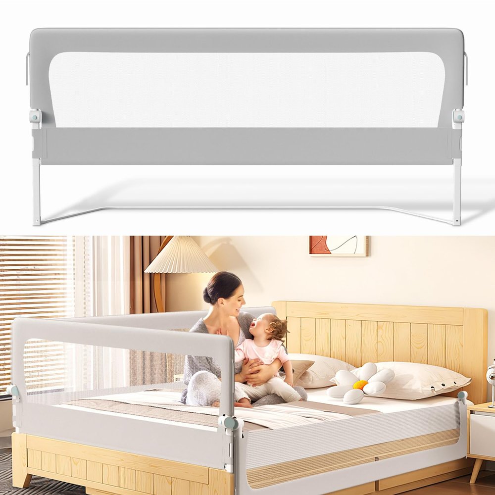 Vkechh Bed Rail, Fall Protection for Box Spring Beds, 200 cm, Height-Adjustable 72–86 cm, 180° Foldable, Breathable Mesh, Easy Installation, Gray, 2-Pack