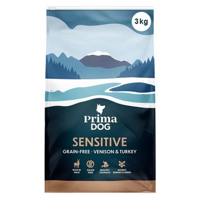 PrimaDog Grain-Free Dry Dog Food with Venison & Turkey for Sensitive Dogs, 3 kg