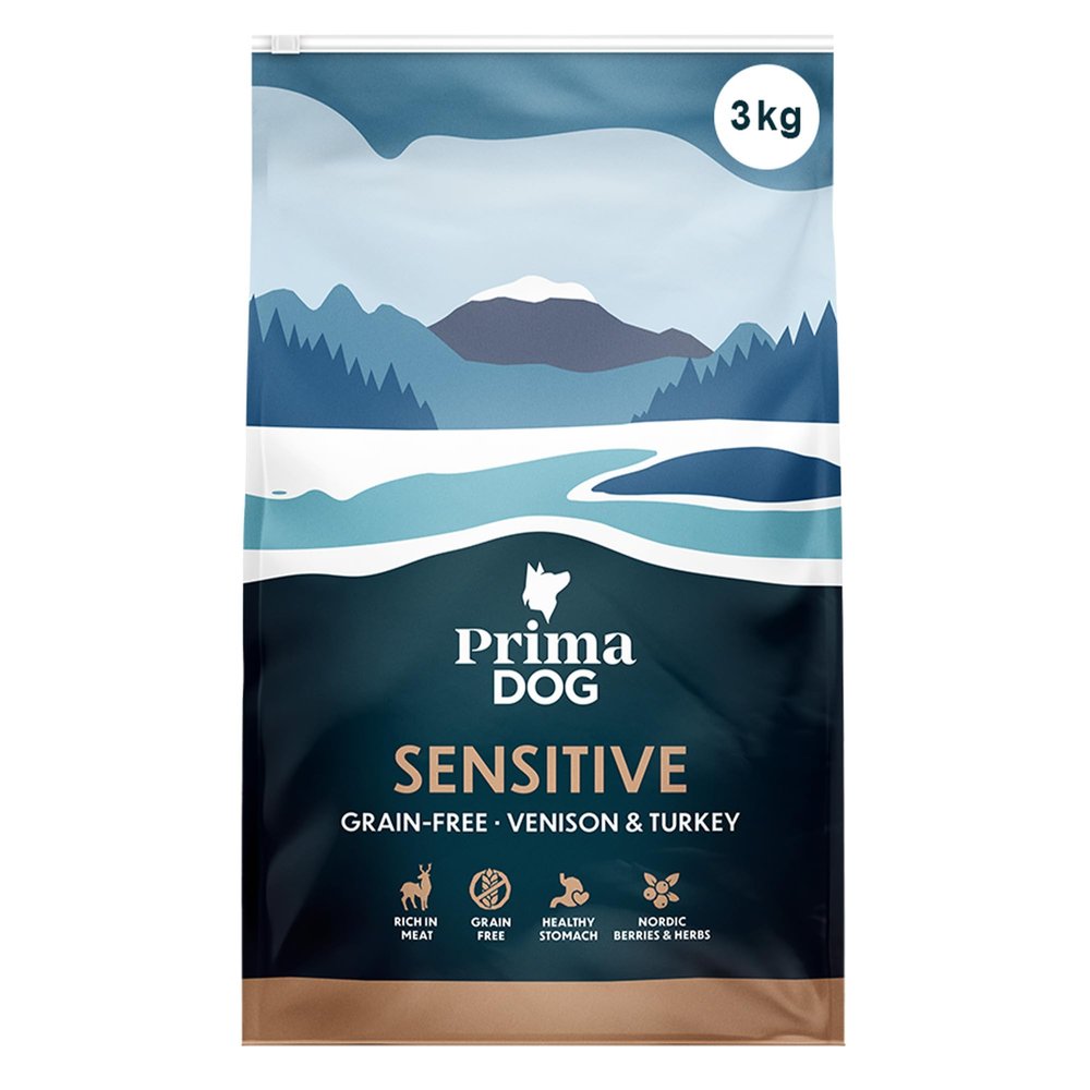 PrimaDog Grain-Free Dry Dog Food with Venison & Turkey for Sensitive Dogs, 3 kg