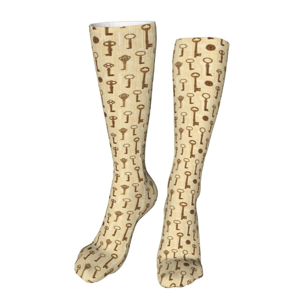 Vintage Key-Print Compression Socks for Women, Travel and Flight Knee-High Socks, 50 cm