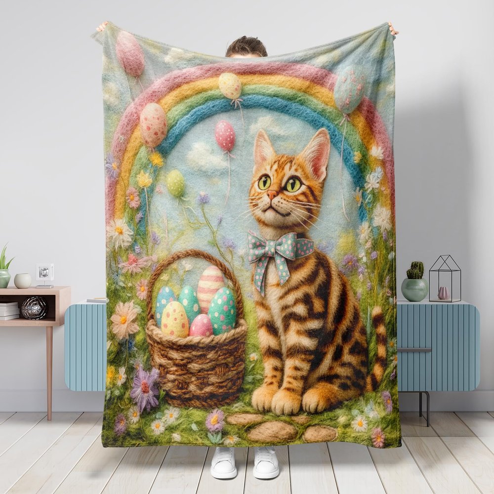 Spring and Easter Bengal Cat Blanket, 152.4 x 203.2 cm, Wool Felt