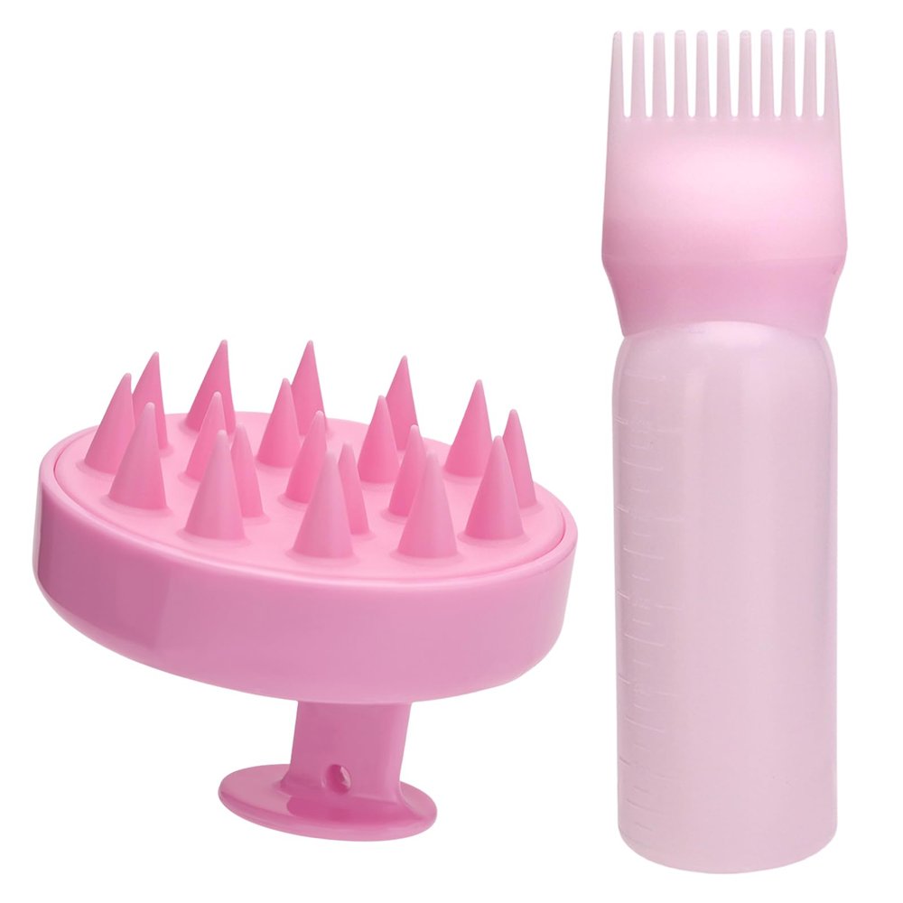 2-Piece Hair Applicator Bottle and Massage Brush Set, Pink