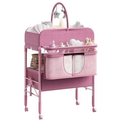 Height-Adjustable Folding Changing Table with Wheels and 2 Drawers