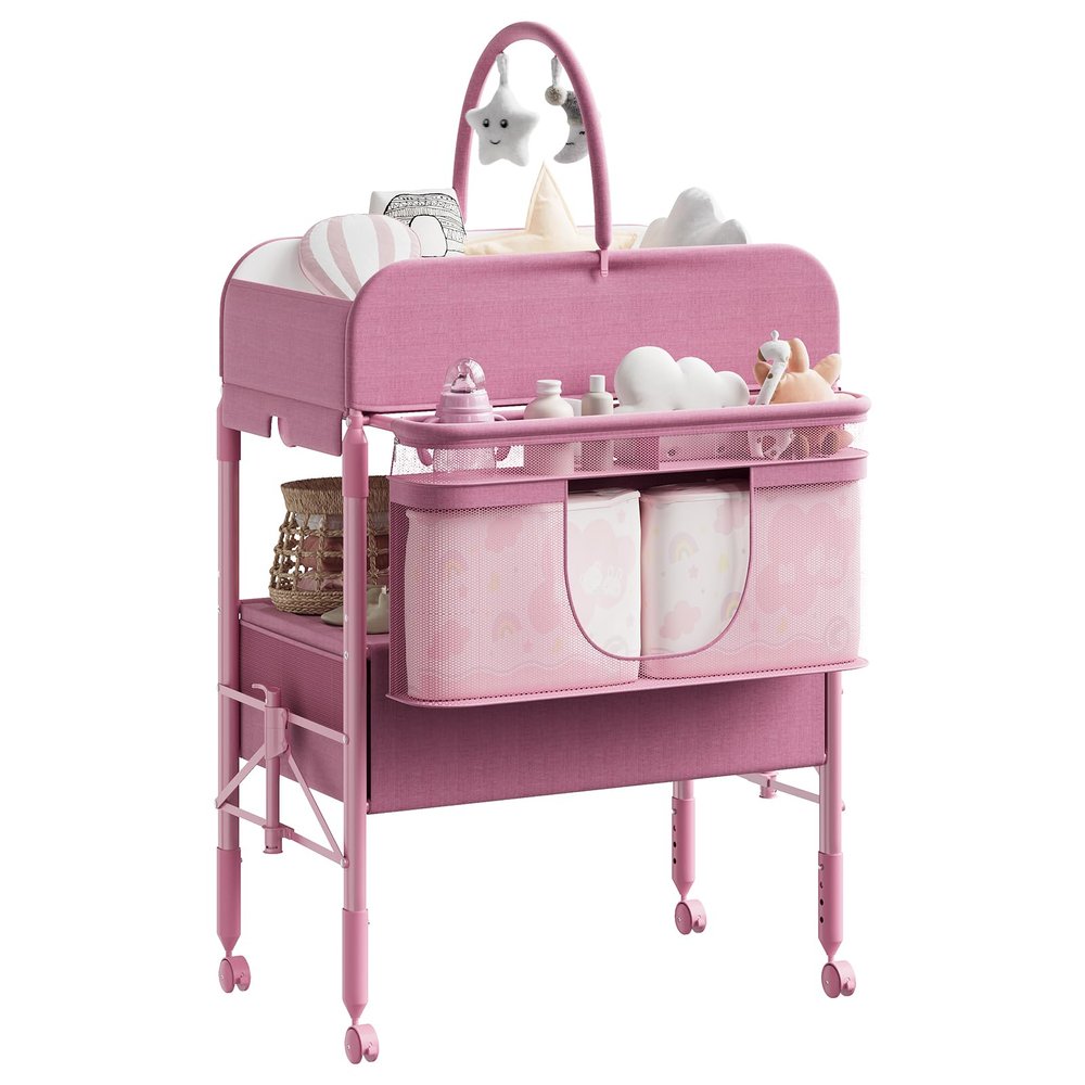 Height-Adjustable Folding Changing Table with Wheels and 2 Drawers