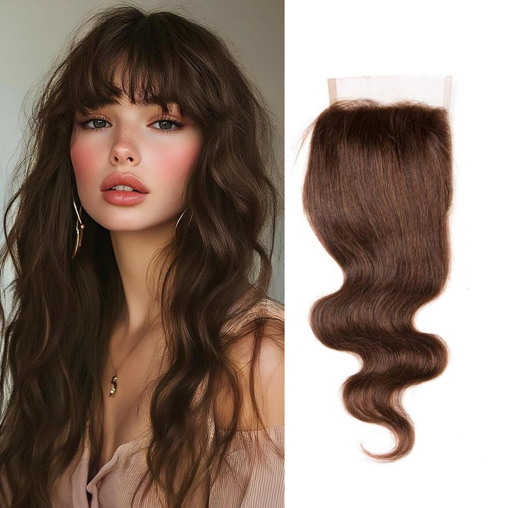 14-Inch 4x4 Chocolate Brown Brazilian Human Hair Closure, Transparent Lace, 180% Density, Free Part, Silky Body Wave