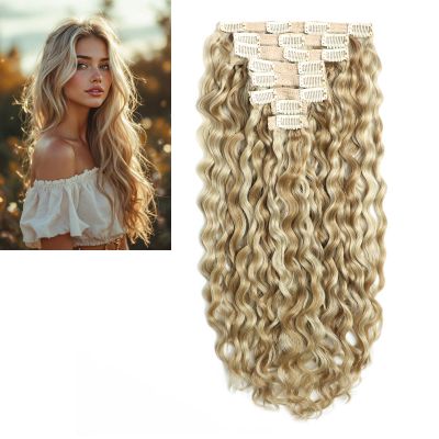 Larafona 9A Clip-In Human Hair Extensions, Large Curls, Balayage Brown with Light Blonde Highlights, P8/60#, 24 in/60 cm