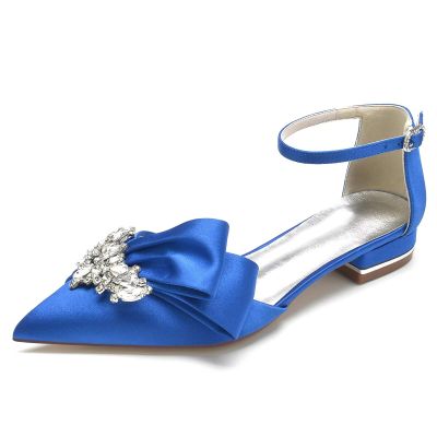 Women's Flat Bridal Shoes with Ankle Strap, Satin Pointed-Toe Wedding Pumps with Low Heel