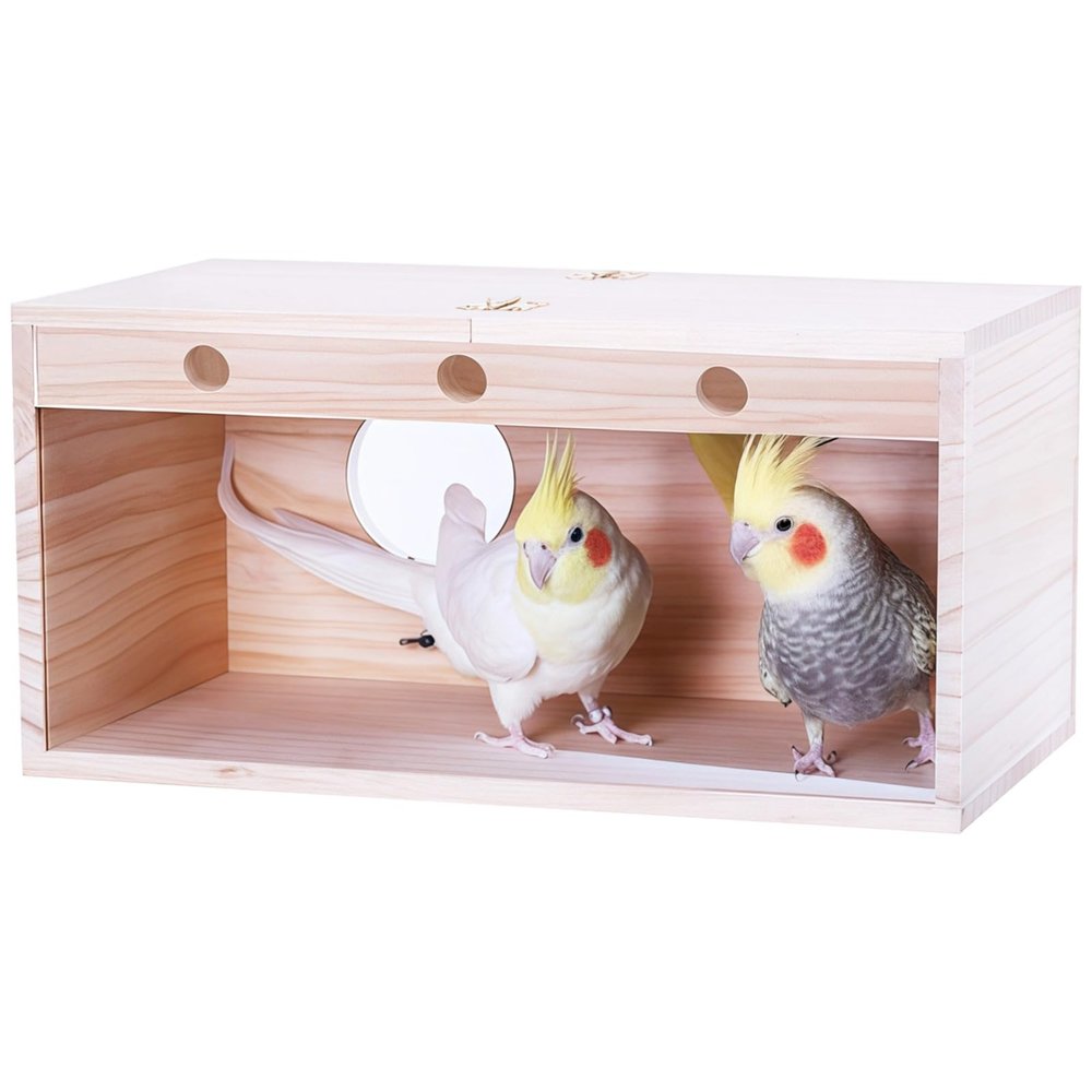 wkao Large Transparent Breeding Box for Cockatiels and Budgerigars, Pine Wood, Top Opening, Perch and Screws