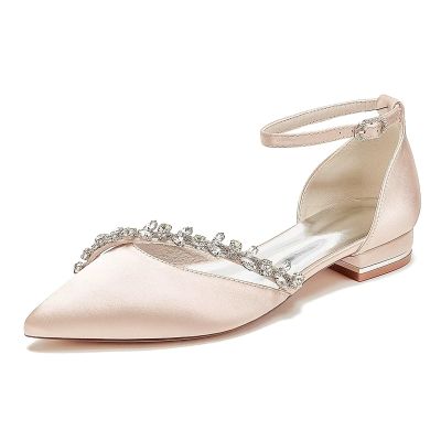 Women's Flat Bridal Shoes, Pointed Satin Wedding Shoes with Low Heel