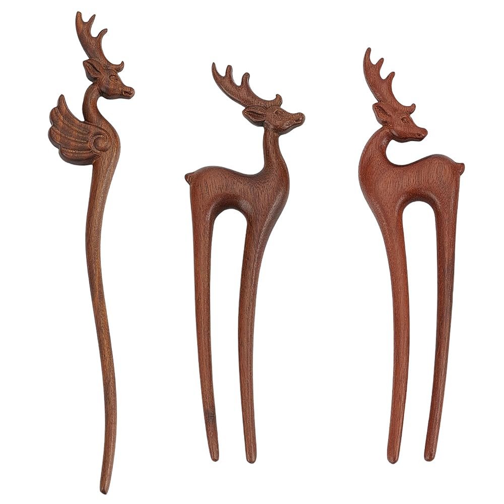 WEBEEDY 3-Style Wooden Deer Hair Sticks, French-Style Sandalwood Hair Forks for Women
