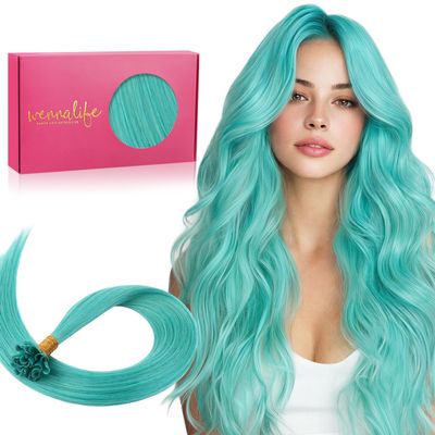 WENNALIFE Teal Green U-Tip Human Hair Extensions, 45 cm, 25 g, 25 Strands