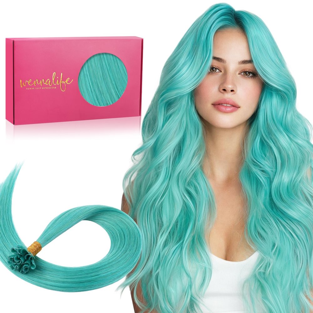 WENNALIFE Teal Green U-Tip Human Hair Extensions, 45 cm, 25 g, 25 Strands