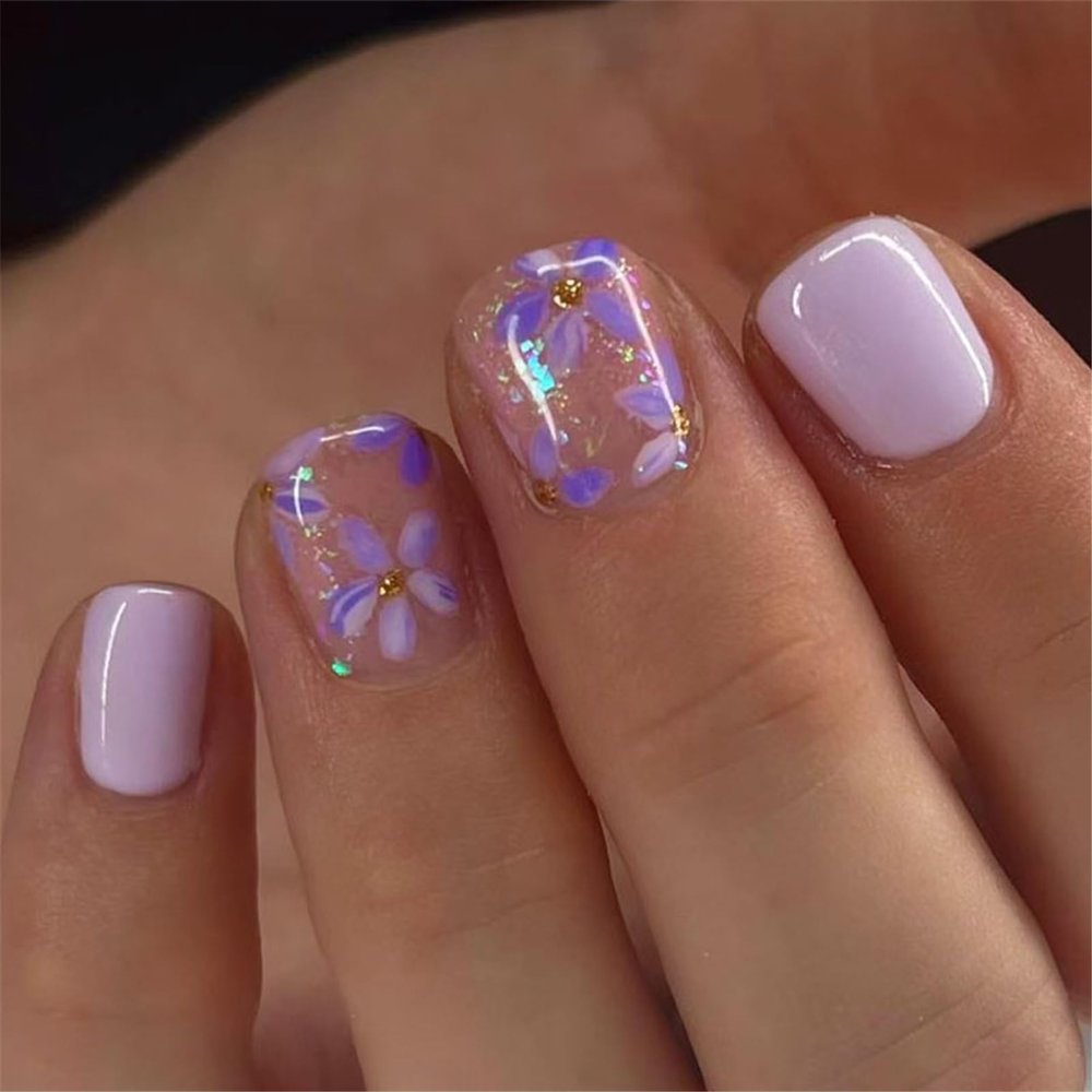Short Square Acrylic Press-On Nails with Floral Design, Glossy Full Coverage, 24 Pieces