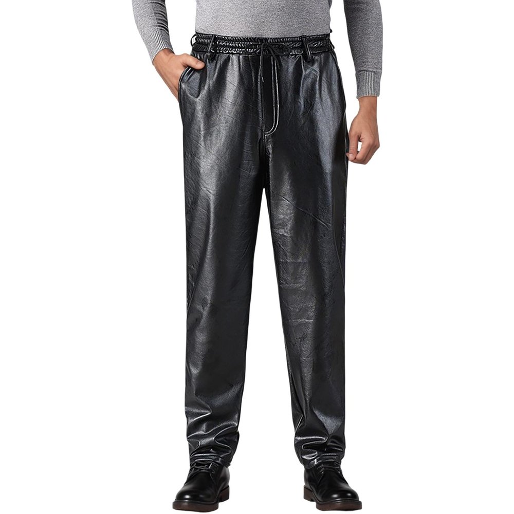 DASONLUE Men's Long Faux Leather Pants, Thick Plush Thermal, Fleece-Lined, Waterproof, Windproof, Relaxed Fit