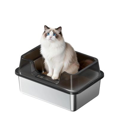 Stainless Steel XXL Cat Litter Box with High Sides, Scoop and Anti-Slip Feet, 50 x 35 x 27 cm