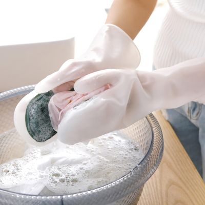TIKATARER Dishwashing Scrubber Gloves, Non-Slip Reusable PVC, Dense Brush Head, Lint Removal Function, Red