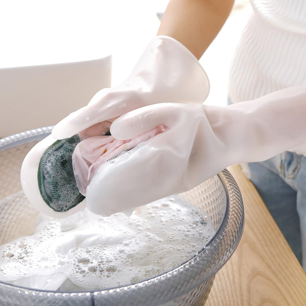TIKATARER Dishwashing Scrubber Gloves, Non-Slip Reusable PVC, Dense Brush Head, Lint Removal Function, Red