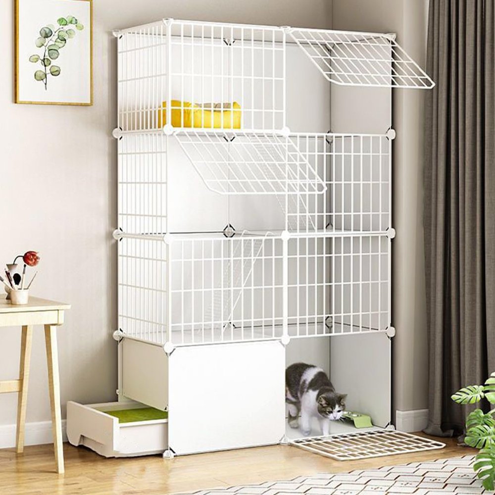 Large Indoor Cat Enclosure, DIY, Removable, with Litter Box and Platforms (White, 95 cm x 37 cm x 145)